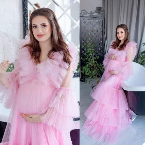 Unique Womens Prom Gowns V-Neck Long Sleeves Sexy Lace Tulle Tiers Bathrobe Nightgown Pajamas Sweep Train Sleepwear Custom Made