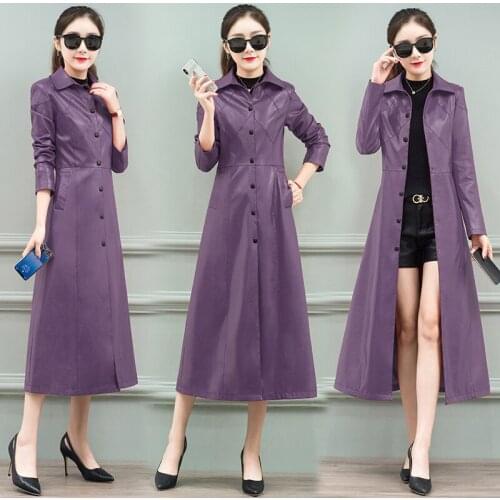 Cool Leather Long Jacket Women 2020 New Spring Female Long Sleeve Pocket PU Windbreaker Autumn Outerwear Trench Coat Slim Jacket