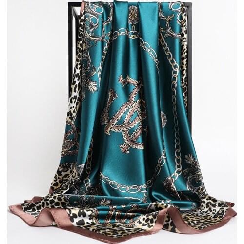 Women Silk Scarf Square Bandana Design Brand Headband Female Satin Hijab Shawl Wrap Kerchief Chain Print Foulard Tudung BAWAL