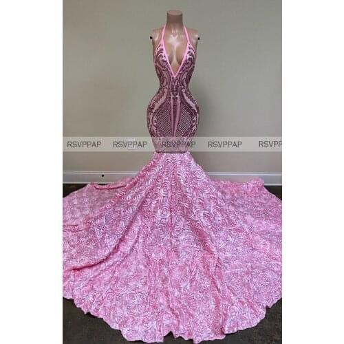 Pink Prom Dress 2021 Real Pictures African Girl Sexy V-neck Backless Glitter Sequin Top 3D Flowers Custom Made Mermaid Prom Gown