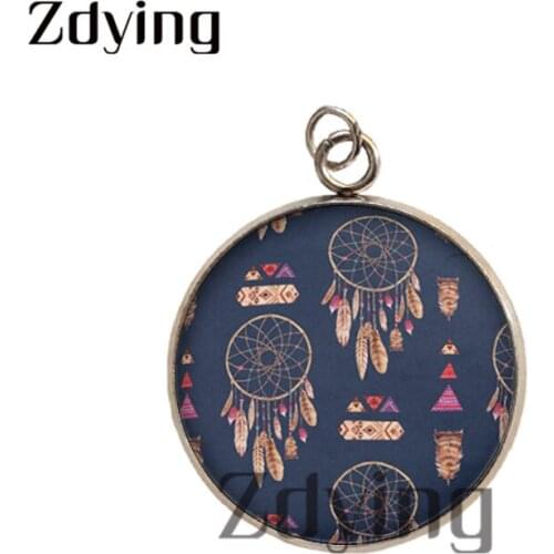Zdying 2pcs Round Feather Dream Catcher Glass Photo Cabochon Charms Stainless Steel Dreamcatcher Necklace Pendants DI018