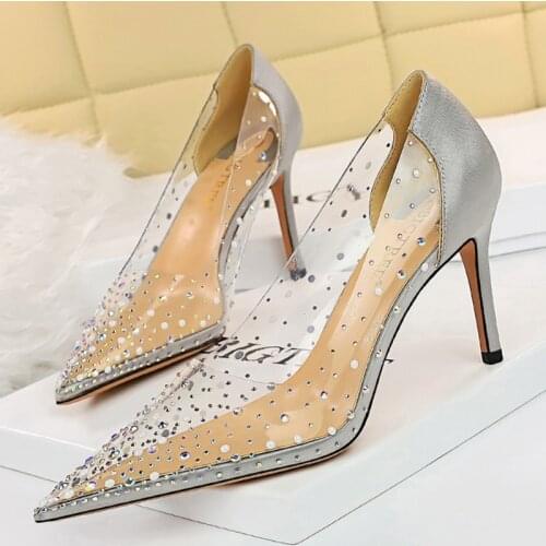2021 Luxury Women Transparent Glitter 8.5cm High Heels Pumps Designer Bling Crystal Gold Heels Lady Wedding Bridal Party Shoes