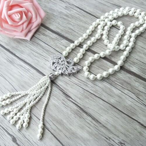 5pcs Swan charm Pendant CZ zircon crystal Micro pave Connector Natural Shell Pearl Beads Long Chain tassels Women Necklace NK218