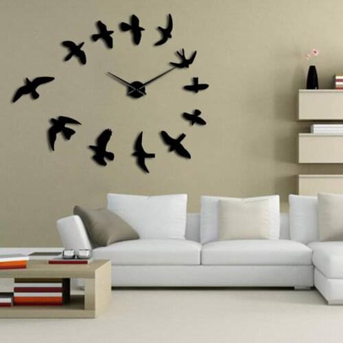47 INCH diy acrylic mirror wall clock 3d big quartz watch modern still life clocks Bird pattern stickers living room home decor