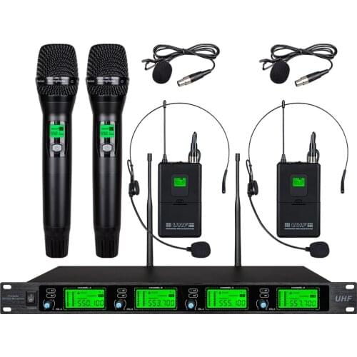 VMEQO GD400 Metal Material 4-Channel UHF Wireless Microphone System with 2 Handheld 2 Bodypacks for Stage Church Family Party