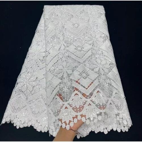Pure White Nigerian Guipure Cord Lace Fabric 2021 High Quality Sequins African Water Soluble Mesh Lace Fabric For Wedding Dress