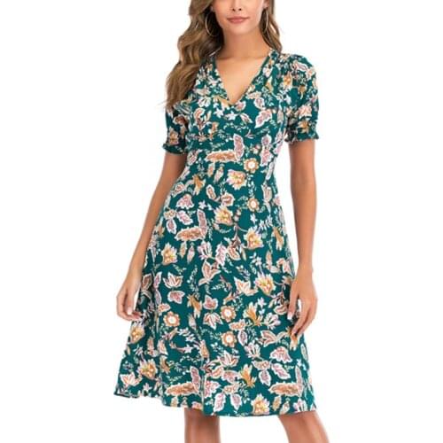 Women Puff Short Sleeve Sexy Deep V-Neck Midi Long Dress Bohemian Floral Print High Waist A-Line Loose Swing Sundress