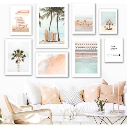 Surf Board Yellow Beach Sea Wall Art Canvas Painting Nordic Coconut Tree Posters And Prints Wall Pictures For Living Room Decor