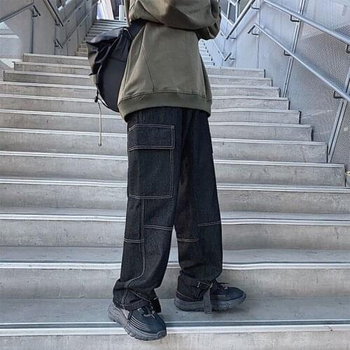 Men Wide Leg Baggy Jeans Multi Pocket Loose Straight Solid Colour Black Blue Turosers Fashion Bland Streetwear Pants Plus P0202