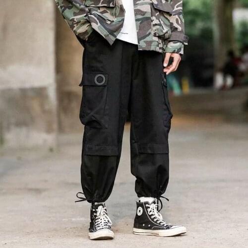 Men Hip Hop Joggers Cargo Pants Multi-pocket Wide Leg Trousers Streetwear Korean Style Ankle-length Elastic Waist Man Sweatpants