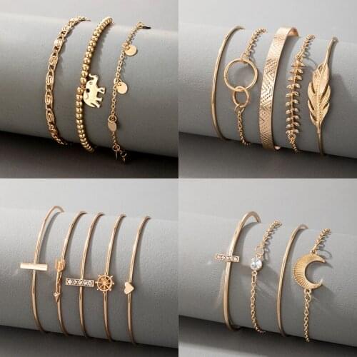 HuaTang 4 Style Boho Multilayer Crystal Bracelet Set for Women Geometric Heart Crescent Elephant Charms Open Bangle Cuff Jewelry