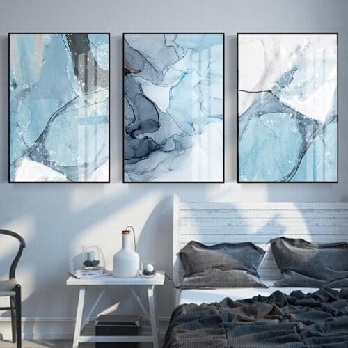 Modern Abstract Blue Marble Texture Canvas Paintings for Living Room Office Home Decor Wall Art Pictures Posters and Prints