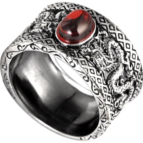 SA SILVERAGE S925 Sterling Silver Ring Mens Ring Retro Marcasite Garnet Black Agate Wide Domineering Ring Luxury Jewelry