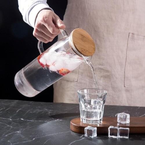 1.4L Large Clear Glass Jug Cool Water Pitcher Cold Kettle With Bamboo Lid Household Milk Juice Drinks Container