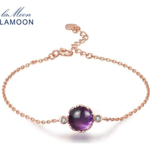 LAMOON 8mm 2.1ct 100% Natural Roundness Purple Amethyst 925 Sterling Silver Jewelry Charm Bracelet LMHI035