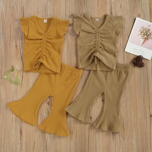 Fashion Kids Baby Girls 2-piece Outfit Set Fly Sleeve Solid Color Crop Top+Flared Pants Set Summer Toddler Infant Casual Clothes