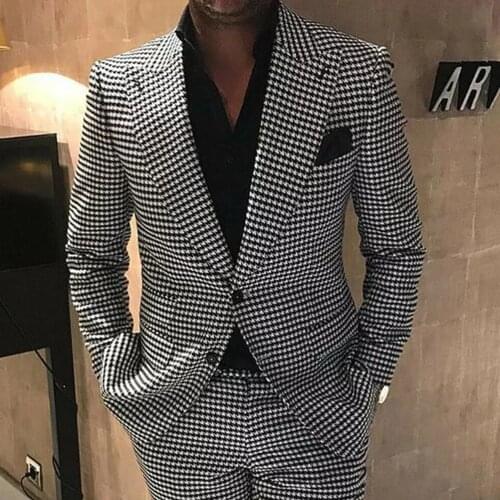 Business Men Suits Robe De Mariée Houndstooth Tweed Wool Blazers Groom Wear Custom Made Slim Fit 2 Pieces Jacket With Pants