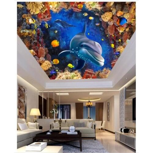 Custom photo wallpaper 3d ceiling murals wallpaper Mediterranean Sea, Underwater World Aquarium Dolphin Ceiling wallpaper decor