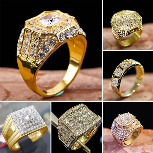 Luxury Gold Color Rings for Men Classic Wedding Party Crystal Zircon Ring Jewelry Accessories Fashion Finger Ring Best Gift