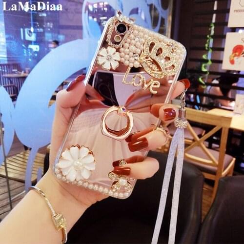 LaMaDiaa Luxury Bling Diamond Small Flower Ring Grip Stand Mirror Case Cover For Samsung S6 S7 S8 S9 S10 PLUS Lite Note 5 8 9 10