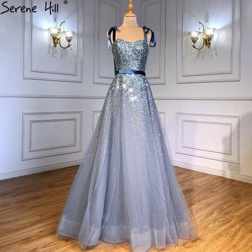 Serene Hill Greyish Blue A-Line Luxury Evening Dress 2021 Spaghetti Strap Beading Sexy Women Formal Party Wear Gown CLA70888