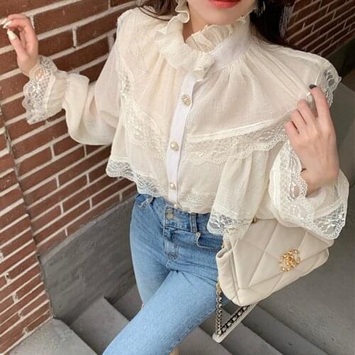 Stand collar chiffon shirt female Ruffled Long sleeve Loose Ladies Lace Tops Women Shirts Blusas Feminine harajuku shirt 228F