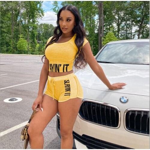 Women Letter Print Sportwear Set Tracksuit Fitness Beach Suit Crop Top Running Sporty Set Vest Shorts Set Summer Cropped Outfits