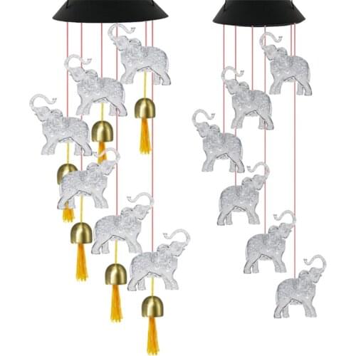 Vintage Style Elephant Solar Powered LED Wind Chime Light Xmas New Year Hanging Outdoor Garden Yard Landscape