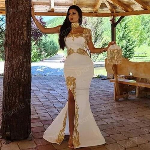 White and Gold Appliques Evening Dresses Morocco Kaftan Side Split Appliques Mermaid Arabic Party Prom Gowns 2021 Robe De Soiree