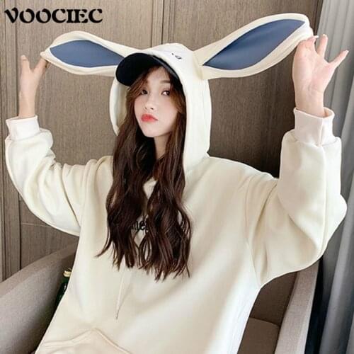 VOOCIEC Autumn Winter Pullover Coat Rabbit Ears Sweet Girl Style Long Sleeve Kawaii Mid Length Cute Bubble Sleeve Cap Hoodie