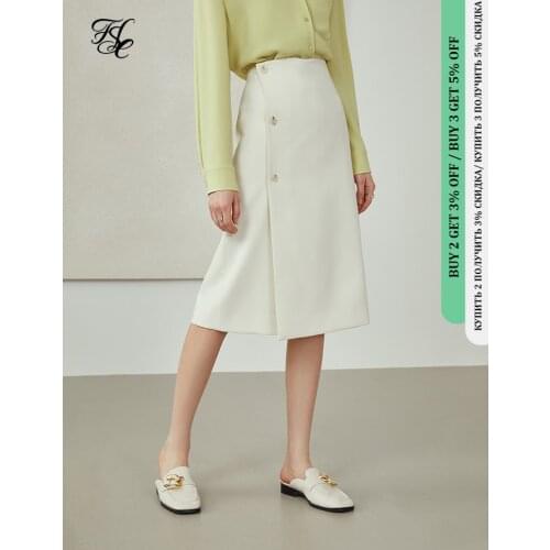FANSILANEN Ladies Skirts Temperament Commuter Asymmetric Skirt Creamy White High Waist A-line Skirt Women Simple Button Skirts