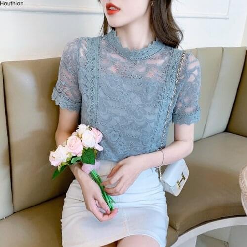 Womens Blouse Lace Shirt Office Lady Blouses Solid Summer New Slim Fashion Casual Blusas Net Yarn Hollow Top Houthion