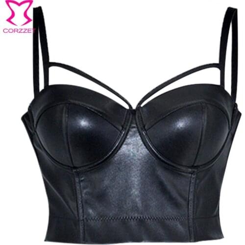 Corzzet Steampunk Women PU Leather Strap Push Up Bralet Vest Gothic Bustier Bra Plus Size 6XL Ladies Rock Punk Black Cropped Top