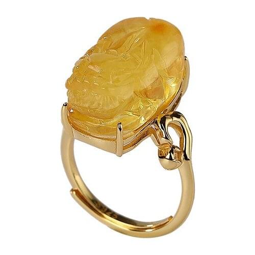 925 sterling silver gold plated Natural Amber Beeswax Ring Retro Personality Womens clothing Ladies Open ring