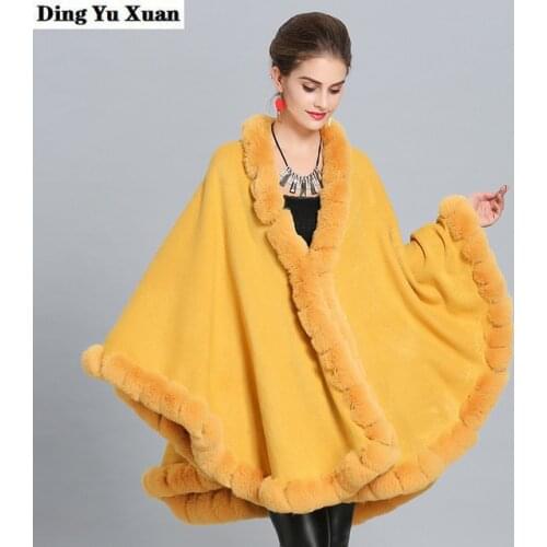 Winter Yellow Cape Women Faux Fox Fur Poncho Womens Loose V-neck Ponchos Capes Loose Cardigan Plus Size Warm Shawl Cloak Coat