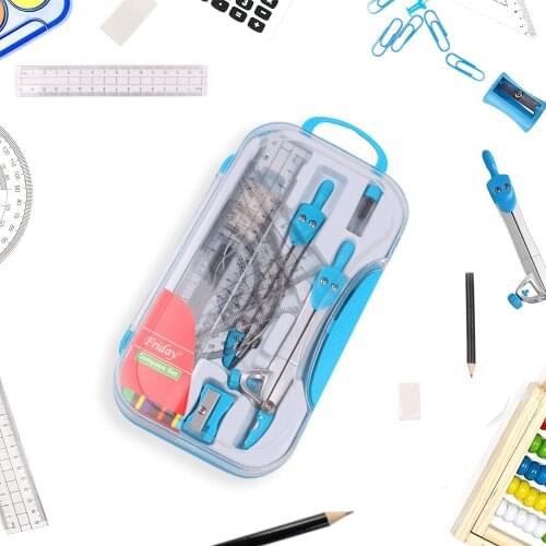 10pcs Geometry Math Tool Kit with Compasses Protractor Pencil Eraser Sharpener Square Triangle Ruler Lead Refills Storage Box