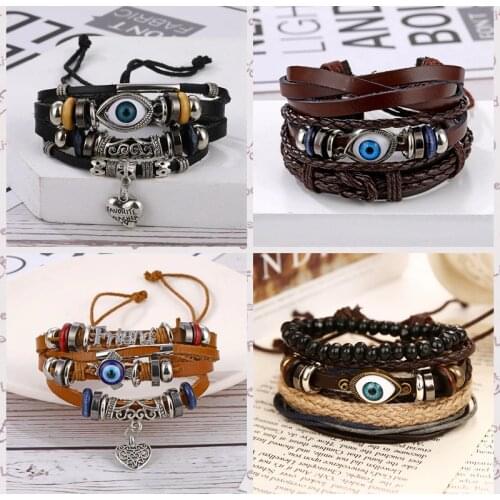 DAXI Men Evil Eye Bracelets For Mens Charms Leather Bracelet Beaded Braclets Braided Bracelet Men Fashion Accessories Jewelry