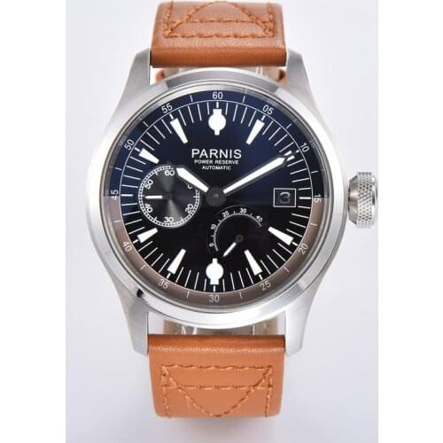 NEW Parnis 46mm Automatic Mens Watch ST 2530 movement black Dial Power reserve Date window small seconds leather strap clock