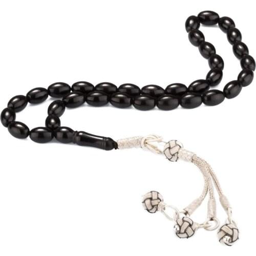 Natural Jet Stone Prayer Bead With Silver Tassel Men Rosary Islamic Tasbih With Kazaz Tassel 1000 Sterling Silver