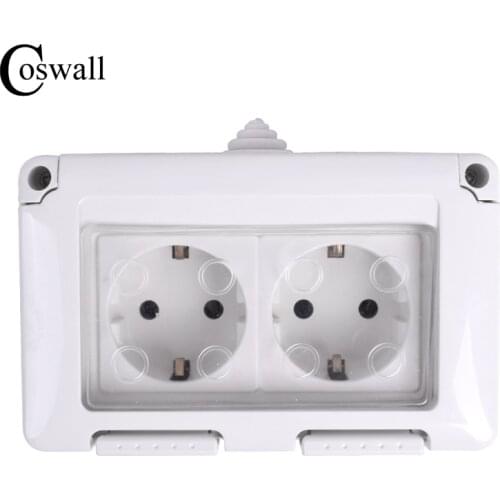 Coswall IP44 Waterproof Dust-proof Outdoor External Wall Power Socket 16A Dual EU Standard Electrical Outlet Grounded