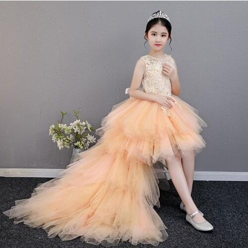 Long Trailing Kids First Communion Vestidos Girl Pageant Evening Gowns Appliques Champagne Tulle Flower Girl Dresses For Wedding