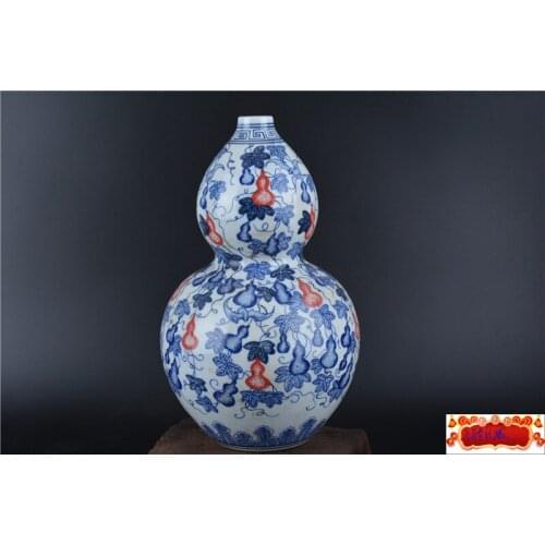 Antique QingDynasty porcelain vase,Red&white and blue glaze,gourd,Hand-painted crafts,Collection&Adornment,Free shipping