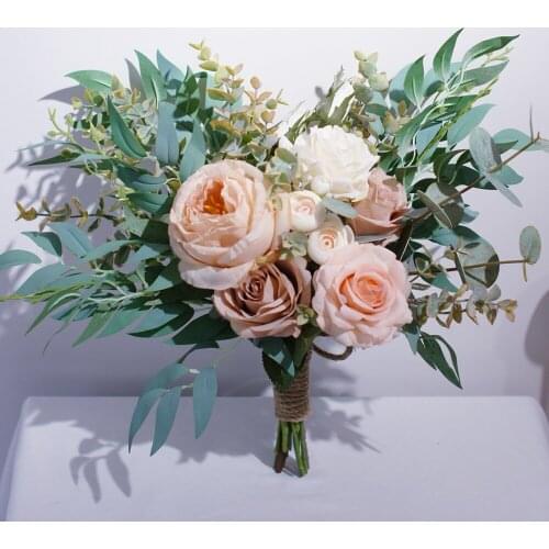 SESTHFAR Romantic Peonies Bridal Artifical Dusty Pink Wedding Bouquets Handmade Silk Rose Brides Hand Holding flowers Vintage