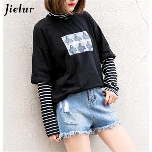 Jielur Korean Cartoon Letter Printed Female Sweatshirt Striped False Two-piece Pachwork Hoodies for Women Turtleneck Loose Top