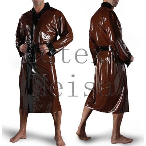 Casual latex bathrobe long sleeve bathing suit in brown color with front belt decoration for men