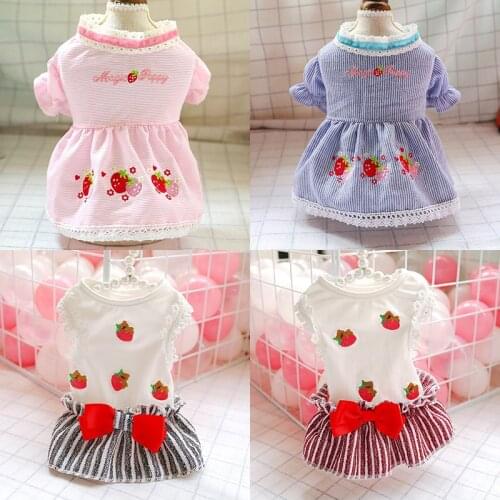 Summer Cute Dog Dress Skirt Strawberry Stripe Pet Dresses for Small Dogs Chihuahua Poodle Clothing Puppy Cat Clothes Pet Costume
