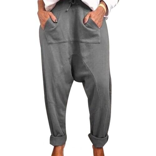 Fashion Casual Women Harem Pants Solid Color Drop Crotch Women Drawstring Pockets Baggy Trousers pantalon femme брюки женские