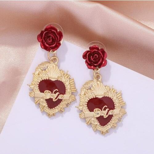 Fashion kpop retro red rose earrings temperament wild baroque flower alloy women earrings trend exquisite jewelry wholesale