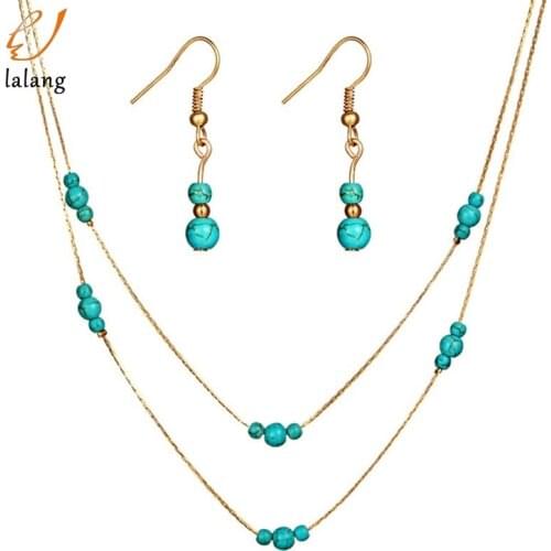 Unique Charming Jewelry Set Gold Tone Circle Lariat Necklaces Women Multilayer Chain Necklaces+ Natural Stone Pendant Earrings