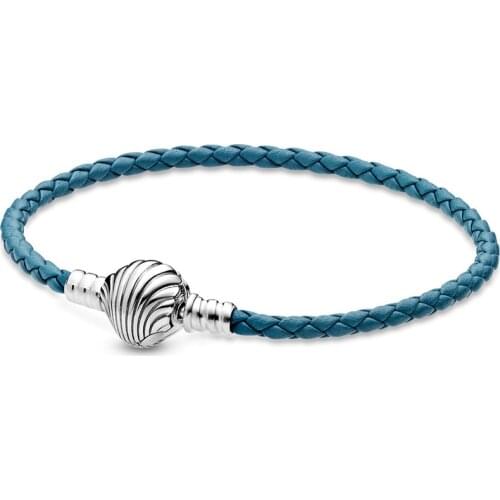 Original Moments Seashell Clasp Turquoise Leather 925 Sterling Silver Bracelet Fit Bangle Bead Charm DIY Jewelry